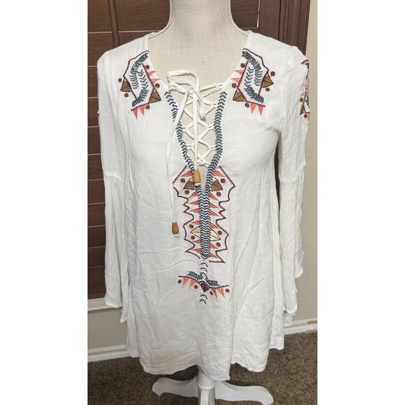 DRESS Lulus my bell-loved ivory embroidered Mini dress Tunic Lace Up Neckline S - Picture 8 of 10